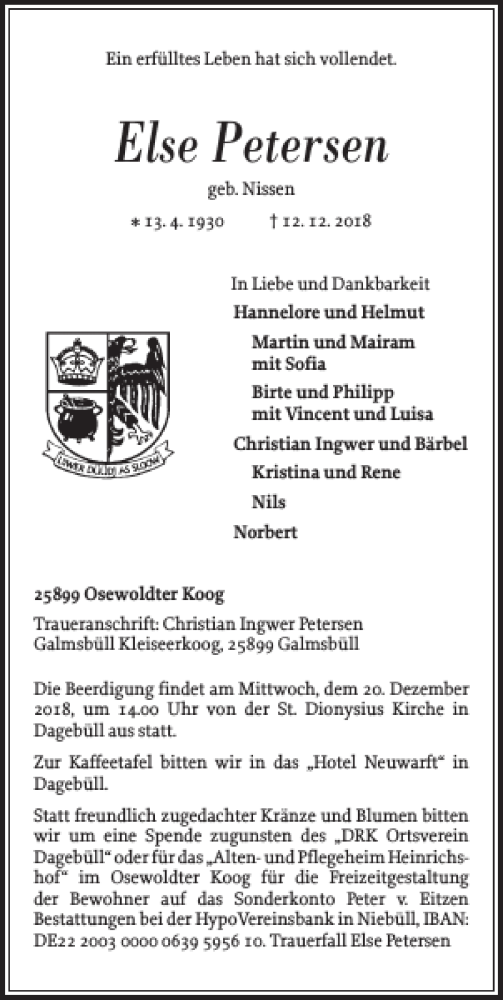  Traueranzeige für Else Petersen vom 15.12.2018 aus Husumer Nachrichten