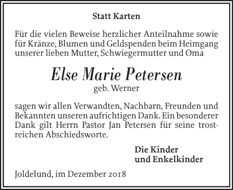  Traueranzeige für Else Marie Petersen vom 22.12.2018 aus Husumer Nachrichten