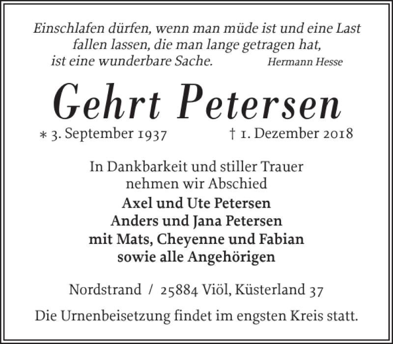  Traueranzeige für Gehrt Petersen vom 07.12.2018 aus Husumer Nachrichten