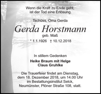 Traueranzeige von Gerda Horstmann von Holsteinischer Courier