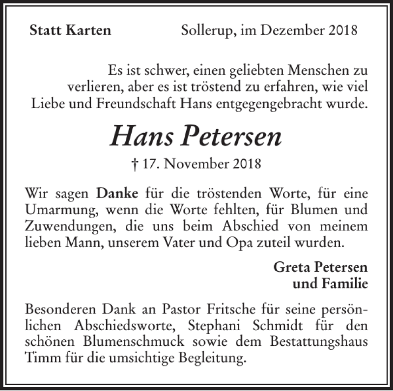  Traueranzeige für Hans Petersen vom 15.12.2018 aus Flensburger Tageblatt