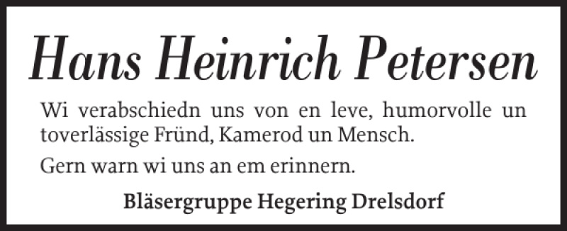  Traueranzeige für Hans Heinrich Petersen vom 01.12.2018 aus Husumer Nachrichten