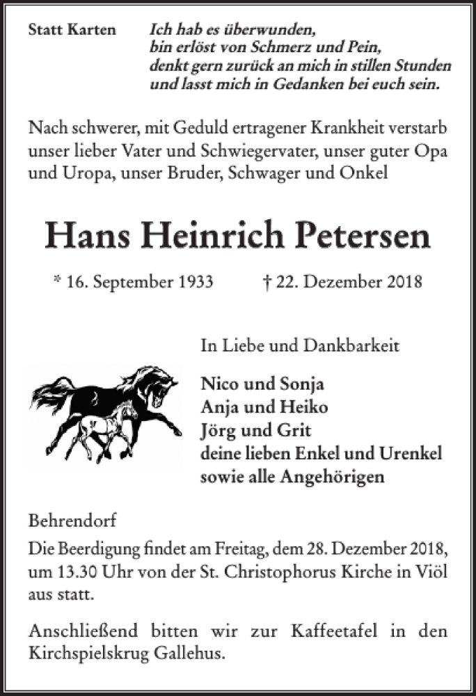  Traueranzeige für Hans Heinrich Petersen vom 24.12.2018 aus Flensburger Tageblatt