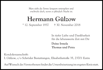 Traueranzeige von Hermann Gülzow von Ostholsteiner Anzeiger
