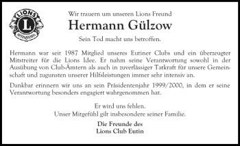 Traueranzeige von Hermann Gülzow von Ostholsteiner Anzeiger
