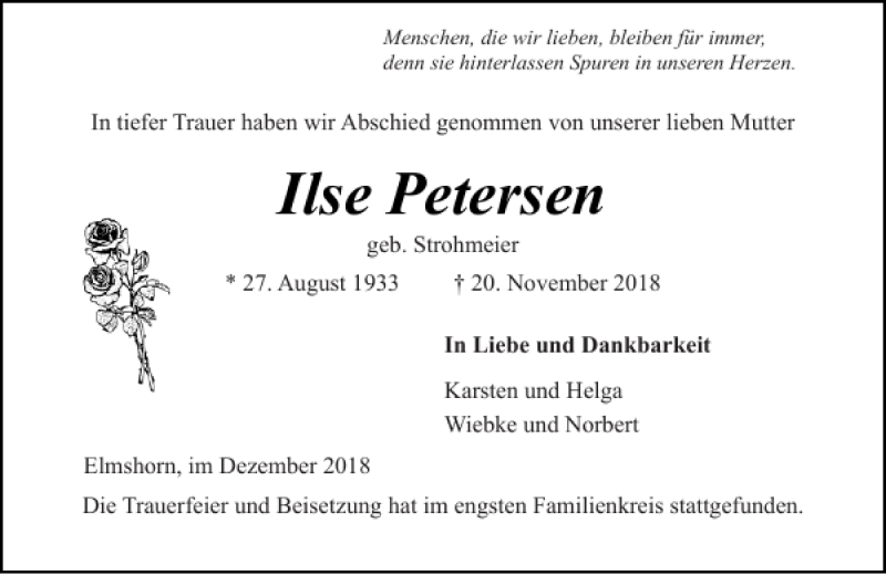  Traueranzeige für Ilse Petersen vom 08.12.2018 aus Elmshorner Nachrichten