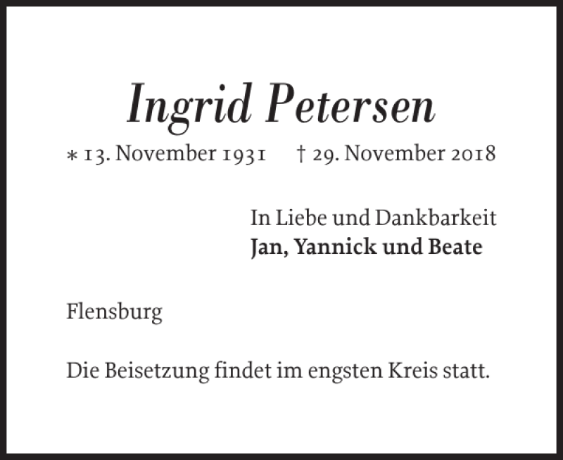  Traueranzeige für Ingrid Petersen vom 08.12.2018 aus Flensburger Tageblatt
