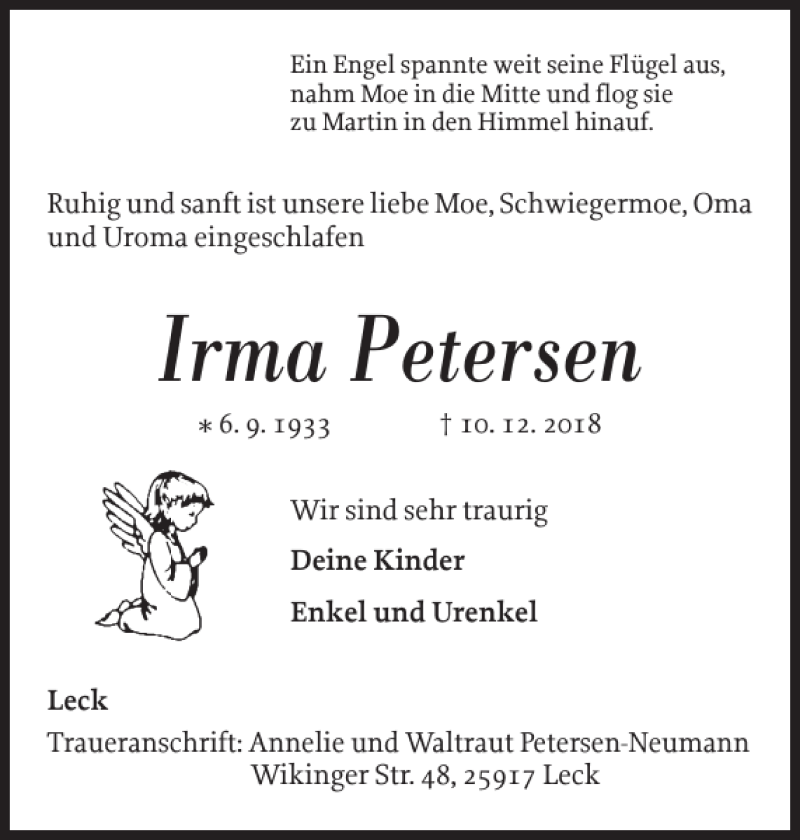  Traueranzeige für Irma Petersen vom 29.12.2018 aus Nordfriesland Tageblatt