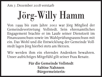 Traueranzeige von Jörg-Willy Hamm von Husumer Nachrichten