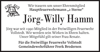 Traueranzeige von Jörg-Willy Hamm von Husumer Nachrichten
