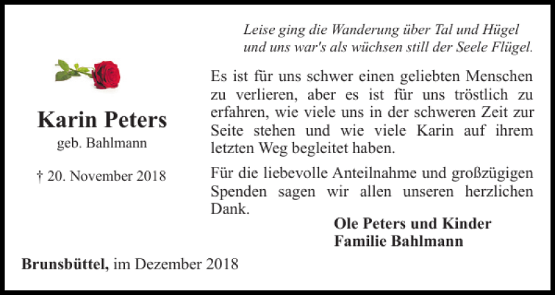  Traueranzeige für Karin Peters vom 15.12.2018 aus Norddeutsche Rundschau