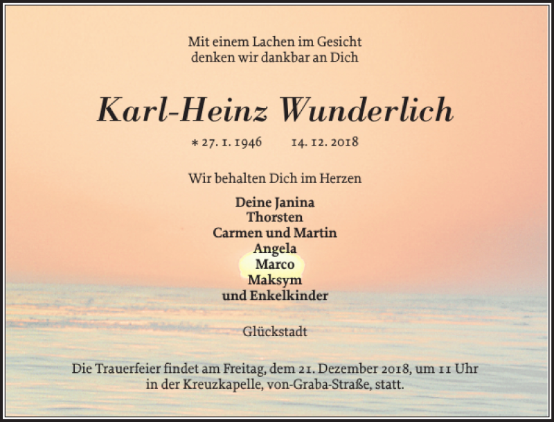 Traueranzeige für Karl-Heinz Wunderlich vom 18.12.2018 aus Norddeutsche Rundschau