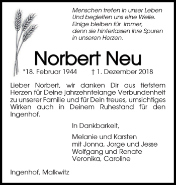 Traueranzeige von Norbert Neu von Ostholsteiner Anzeiger
