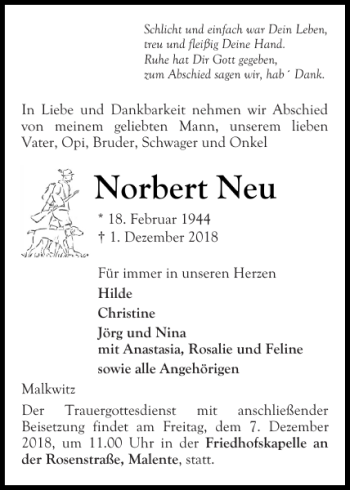 Traueranzeige von Norbert Neu von Ostholsteiner Anzeiger