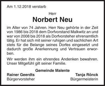 Traueranzeige von Norbert Neu von Ostholsteiner Anzeiger
