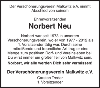 Traueranzeige von Norbert Neu von Ostholsteiner Anzeiger