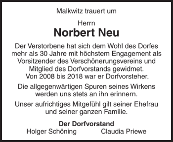 Traueranzeige von Norbert Neu von Ostholsteiner Anzeiger