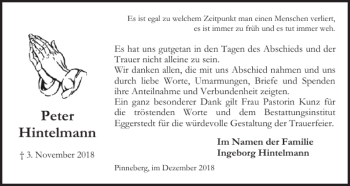 Traueranzeige von Peter Hintelmann von Pinneberger Tageblatt