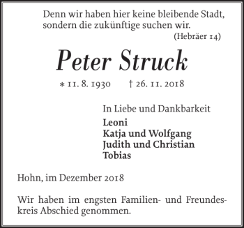 Traueranzeige von Peter Struck von Landeszeitung