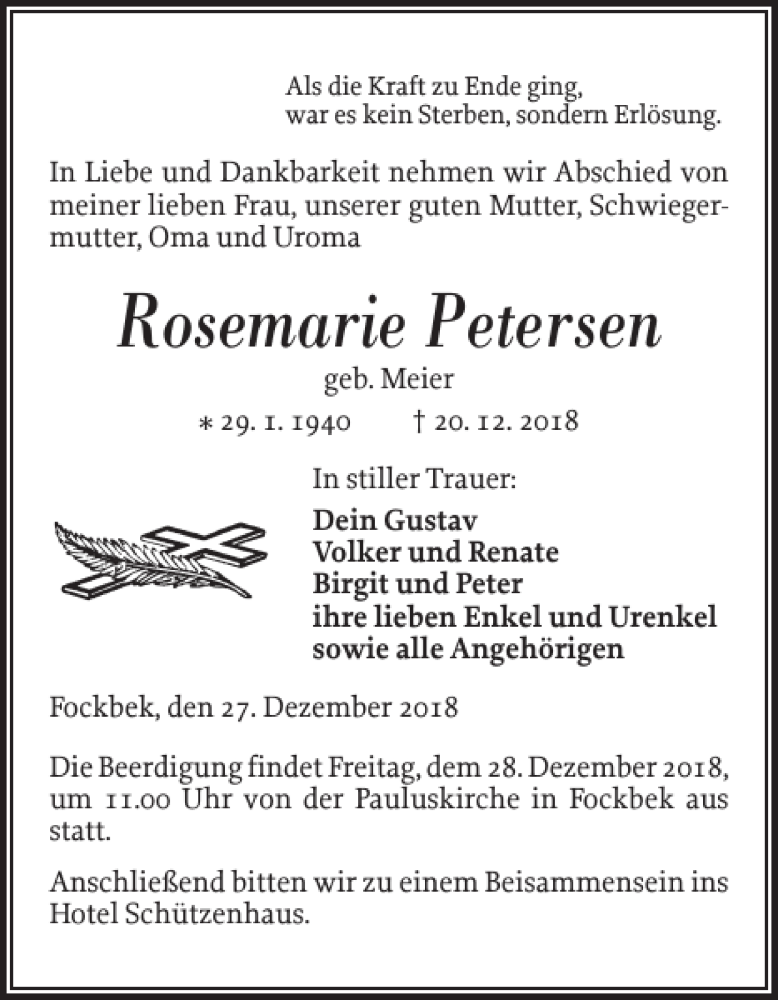  Traueranzeige für Rosemarie Petersen vom 27.12.2018 aus Landeszeitung