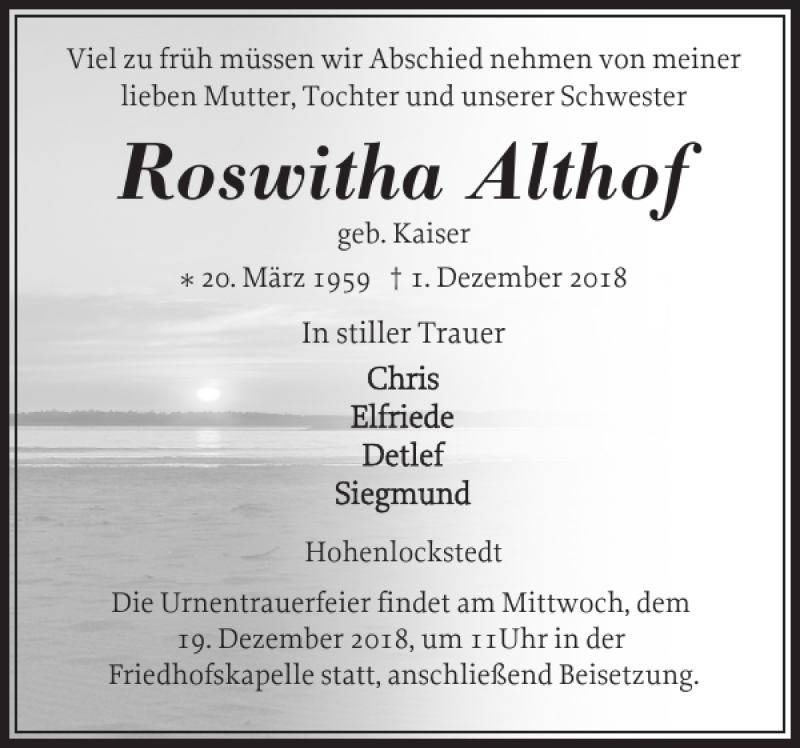  Traueranzeige für Roswitha Althof vom 15.12.2018 aus Norddeutsche Rundschau