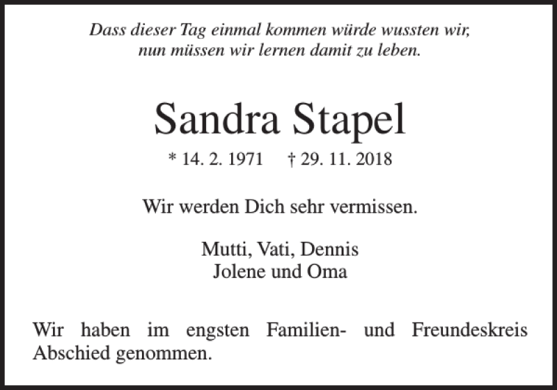  Traueranzeige für Sandra Stapel vom 22.12.2018 aus Uetersener Nachrichten