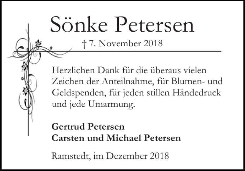  Traueranzeige für Sönke Petersen vom 08.12.2018 aus Husumer Nachrichten