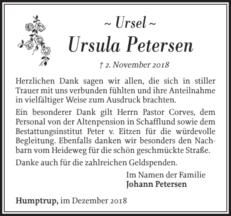  Traueranzeige für Ursula Petersen vom 15.12.2018 aus Nordfriesland Tageblatt