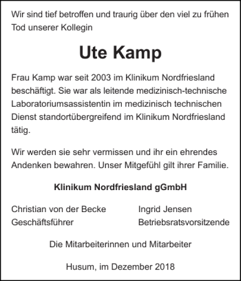 Traueranzeige von Ute Kamp von Husumer Nachrichten