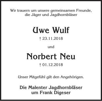 Traueranzeige von Uwe Wulf und Norbert Neu von Ostholsteiner Anzeiger