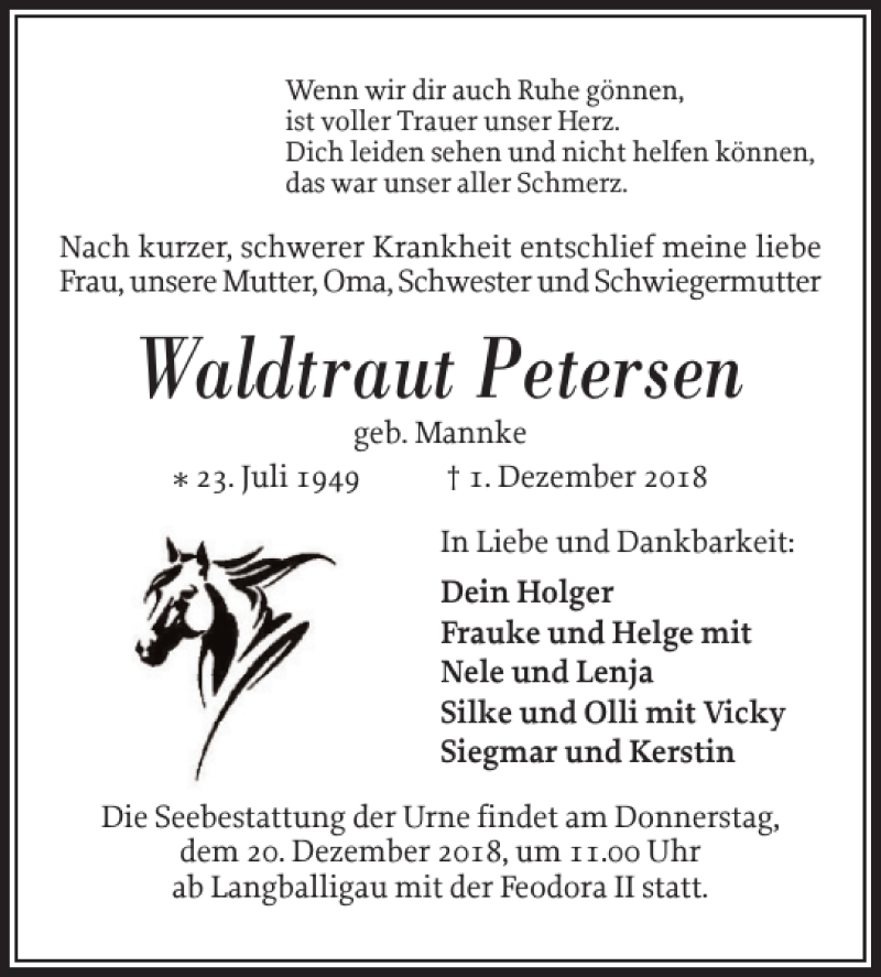  Traueranzeige für Waldtraut Petersen vom 15.12.2018 aus Flensburger Tageblatt