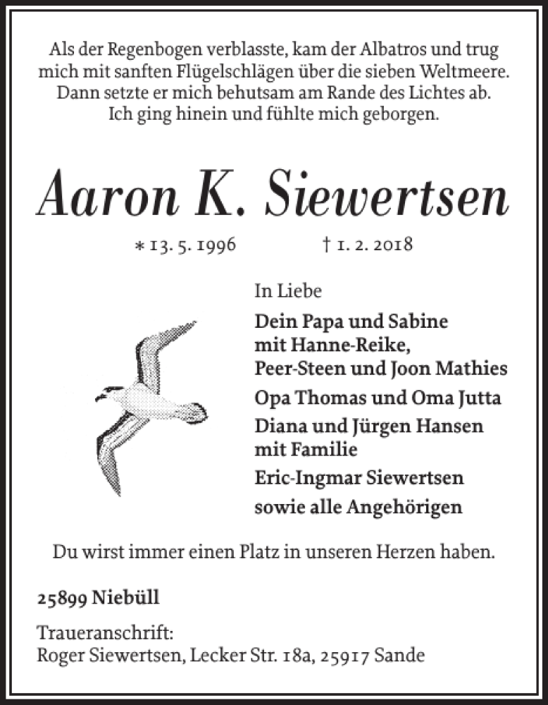  Traueranzeige für Aaron K. Siewertsen vom 13.02.2018 aus Nordfriesland Tageblatt