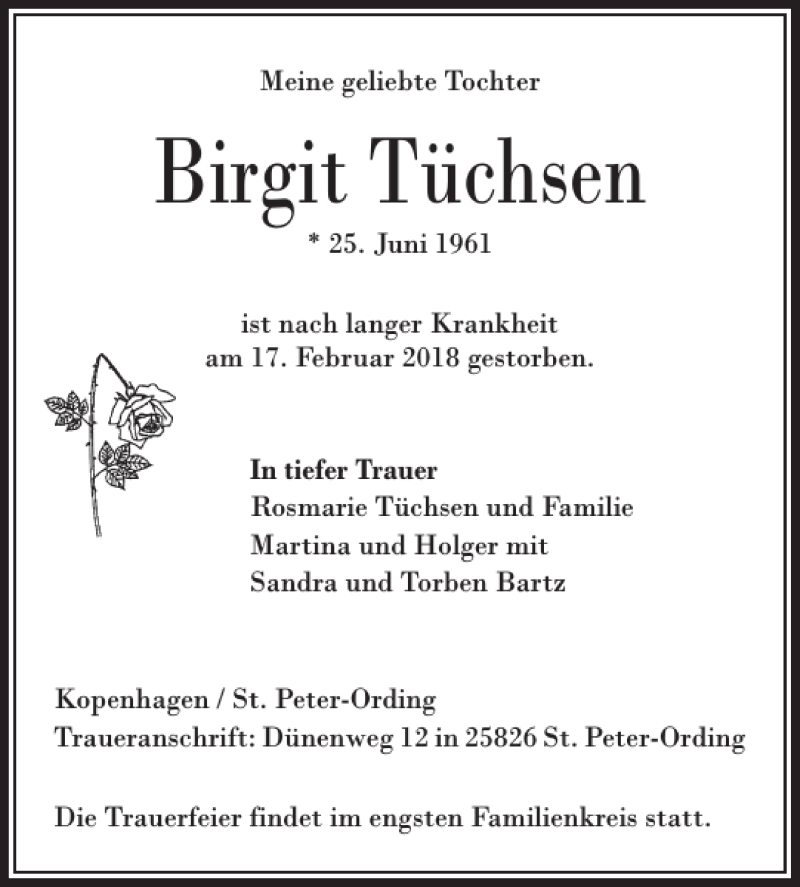  Traueranzeige für Birgit Tüchsen vom 22.02.2018 aus Husumer Nachrichten
