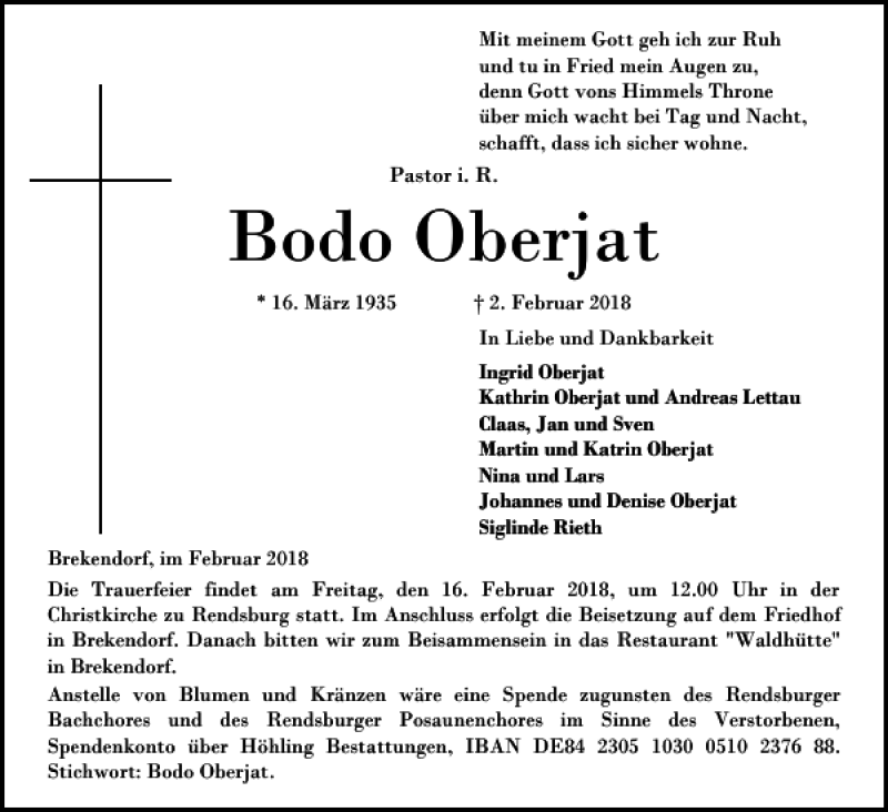  Traueranzeige für Bodo Oberjat vom 10.02.2018 aus Landeszeitung