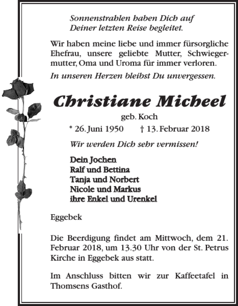  Traueranzeige für Christiane Micheel vom 17.02.2018 aus Schleswiger Nachrichten