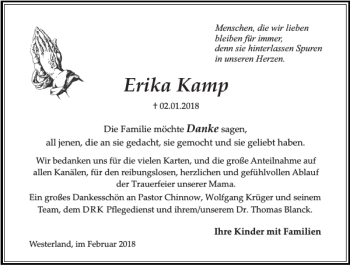 Traueranzeige von Erika Kamp von Sylter Rundschau