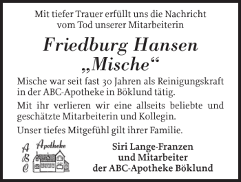 Traueranzeige von Friedburg Hansen Mische von Schleswiger Nachrichten