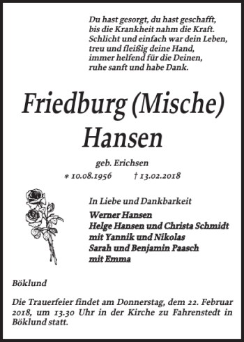 Traueranzeige von Friedburg Mische Hansen von Schleswiger Nachrichten