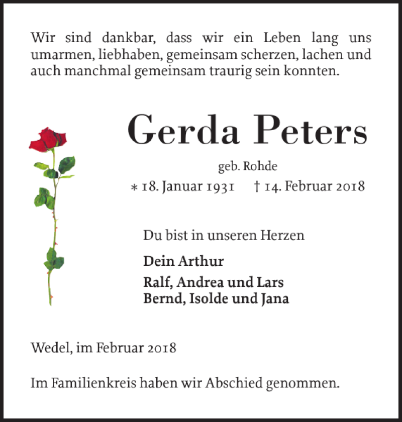  Traueranzeige für Gerda Peters vom 24.02.2018 aus Wedel-Schulauer Tageblatt