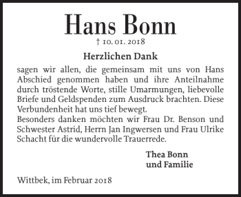 Traueranzeige von Hans Bonn von Husumer Nachrichten