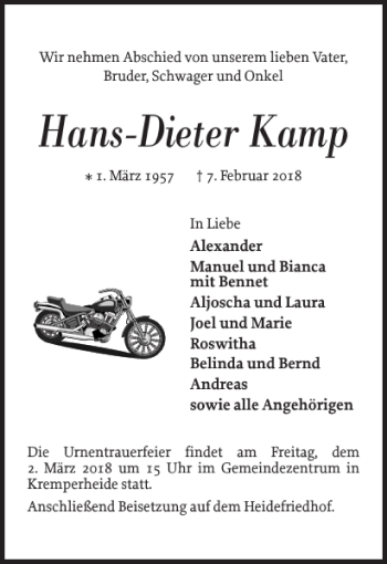 Traueranzeige von Hans-Dieter Kamp von Norddeutsche Rundschau