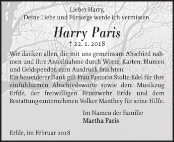 Traueranzeige von Harry Paris von Landeszeitung