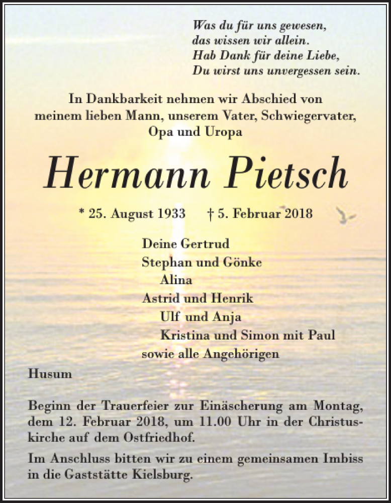  Traueranzeige für Hermann Pietsch vom 09.02.2018 aus Husumer Nachrichten