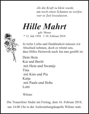 Traueranzeige von Hille Mahrt von Norddeutsche Rundschau