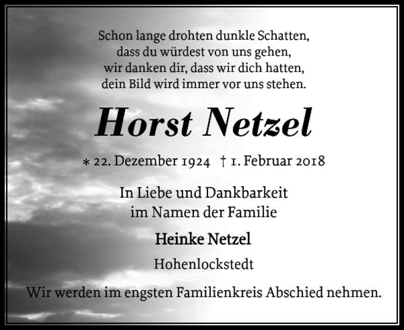  Traueranzeige für Horst Netzel vom 10.02.2018 aus Norddeutsche Rundschau