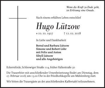 Traueranzeige von Hugo Lützow von Eckernförder Zeitung