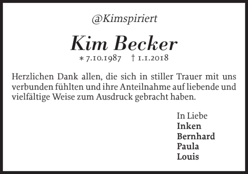  Traueranzeige für Kim Becker vom 03.02.2018 aus Schleswiger Nachrichten