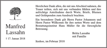 Traueranzeige von Manfred Lassahn von Norddeutsche Rundschau
