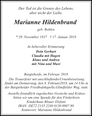 Traueranzeige von Marianne Hildenbrand von Stormarner Tageblatt