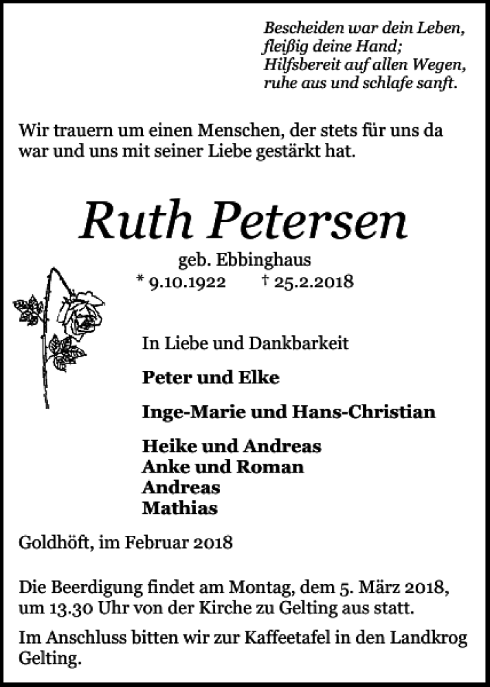  Traueranzeige für Ruth Petersen vom 28.02.2018 aus Flensburger Tageblatt